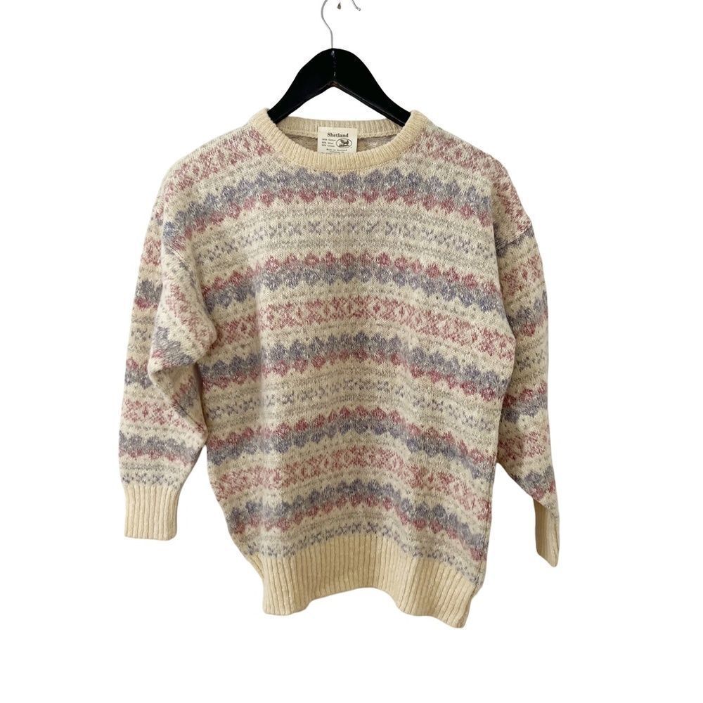 Vintage Shetland Cream Fair Isle Wool Blend Crewneck Pullover Sweater